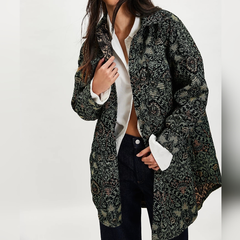 We The Free Tapestry Jacquard Shirt in Green and Black